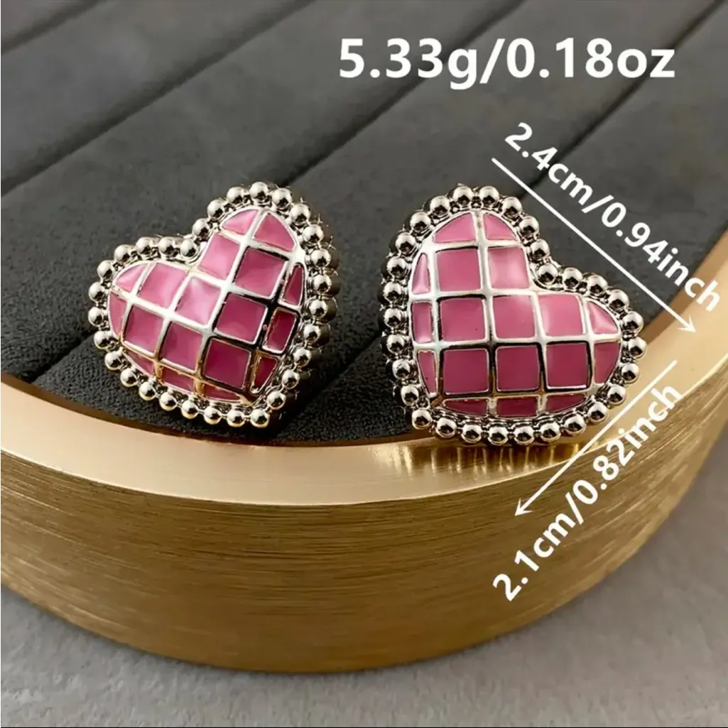 Pink Enamel Heart Stud Earrings Silver Beaded Edge Romantic Cute NWT - Image 3