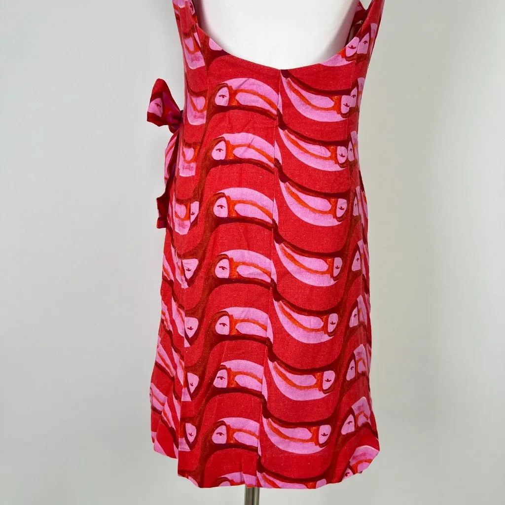 NOWT Farm Rio Linen blend Copabanana Wrap Mini Dress Red Pink Size L - Image 13