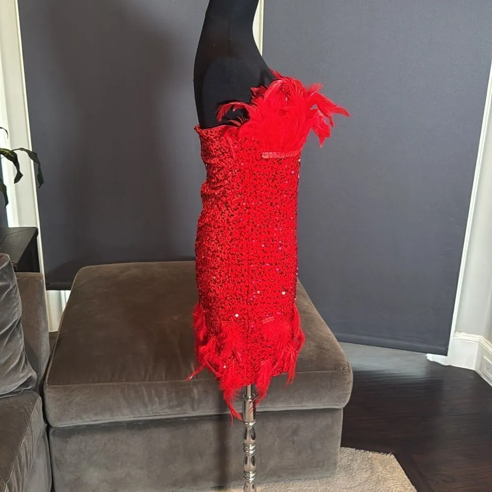 Women’s Short Red Strapless Sequined BodyCon Party Dress with Feathers Size L Size L - Image 4
