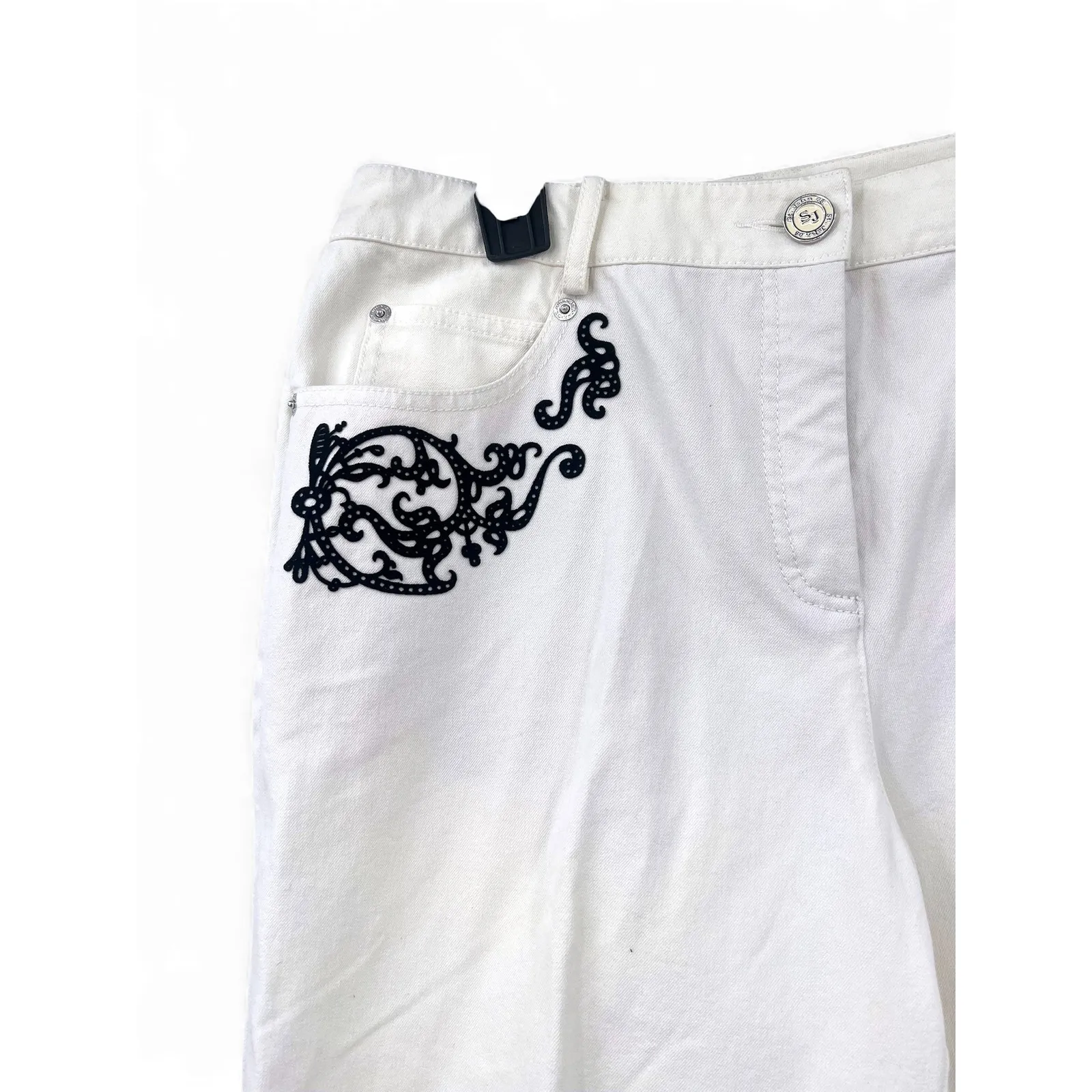 St John white jeans 10 Sport Pants black applique embroidery Straight Leg Women - Image 2