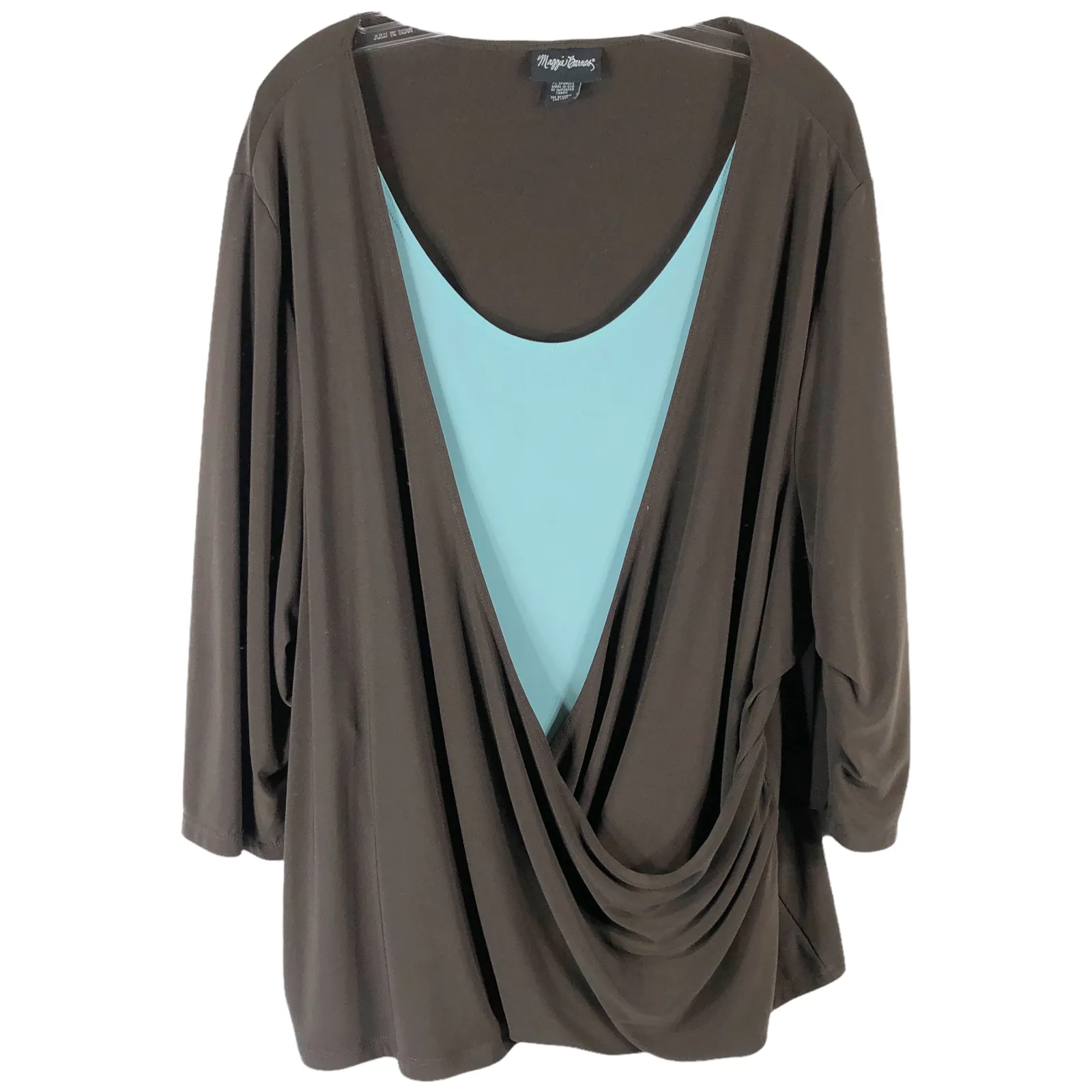Maggie Barnes Plus Size 3X Top 26W 28W Blouse Brown Blue Draped Layered 385 - Image 1