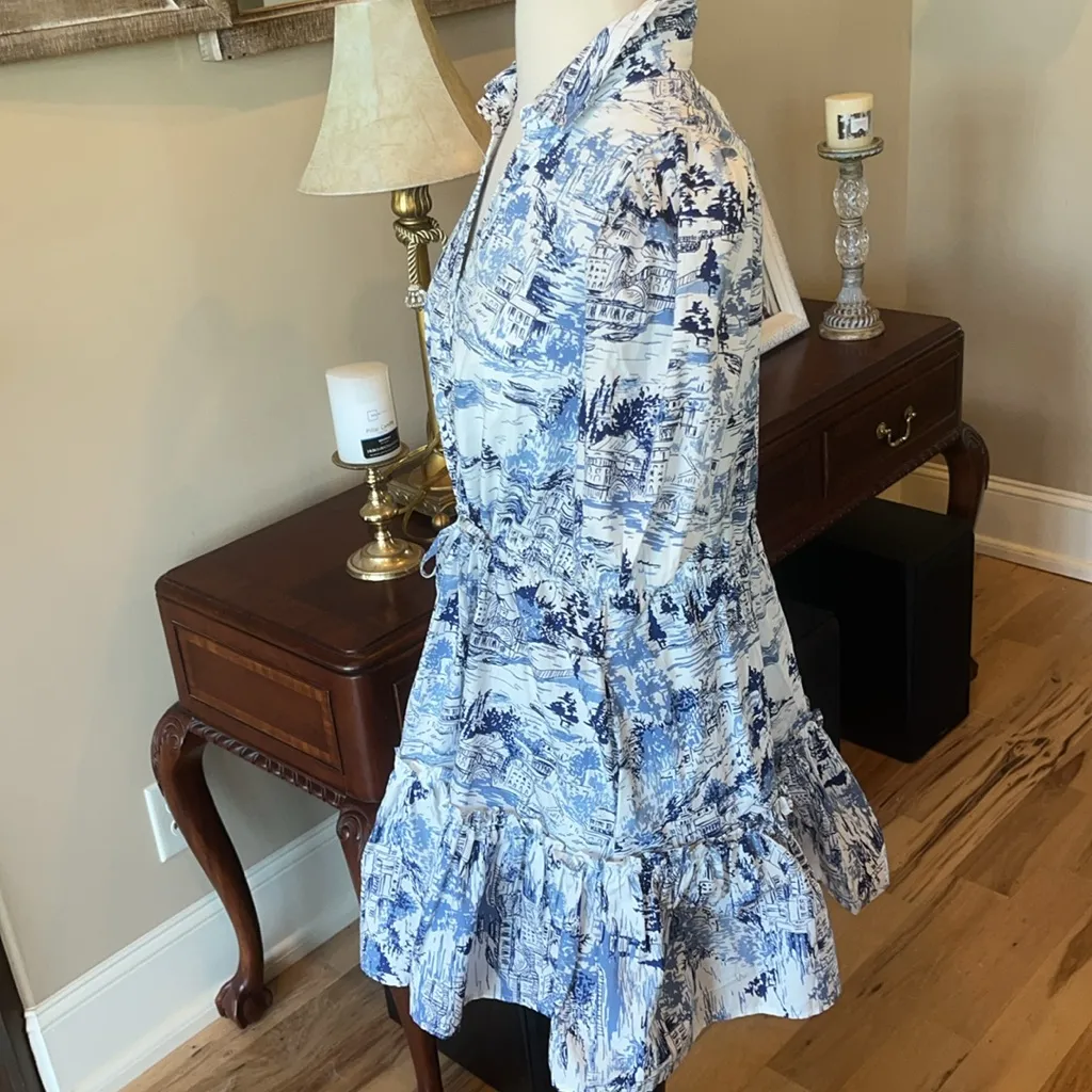 Sugar Lips Cutesy Flirty Blue White Etching Mini Dress Ruffle Hem New - Image 6