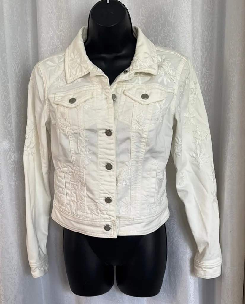 PILCRO AND THE LETTERPRESS Women's White Embroidered Denim Jacket SZ:XS - Image 1