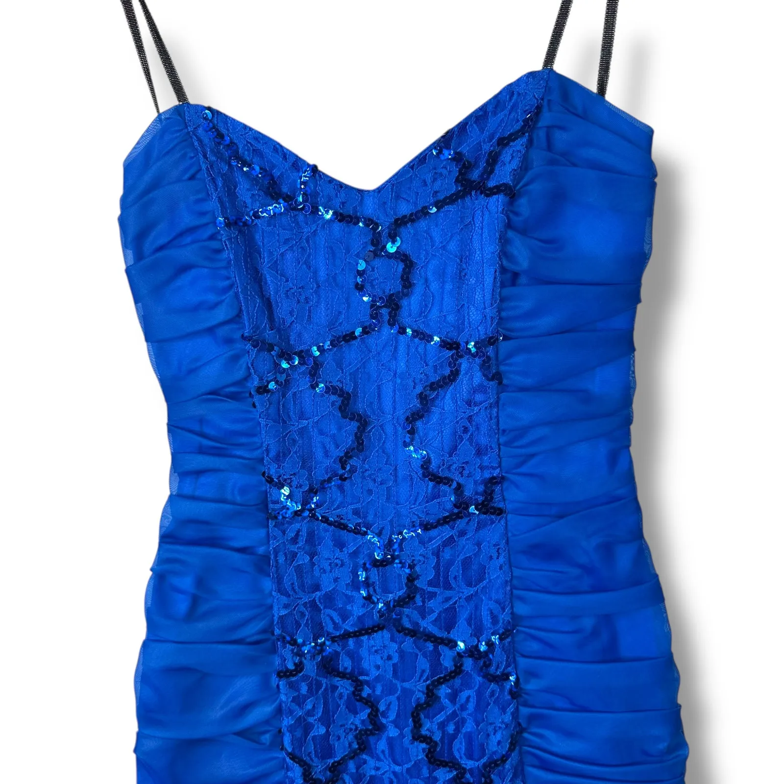 Vintage Roberta California Blue Sequin Lace Bow Bodycon Midi Dress Size 3/4 - Image 2