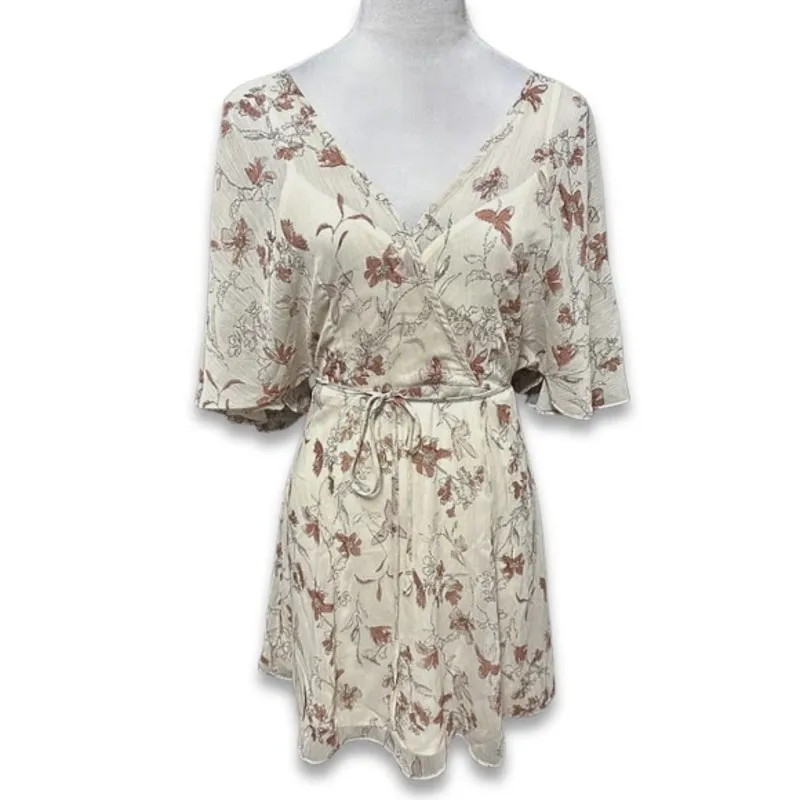 Lulus Mini Dress Faux Wrap Design Open Back Zip Soft Floral Print Beige XS NWOT - Image 2
