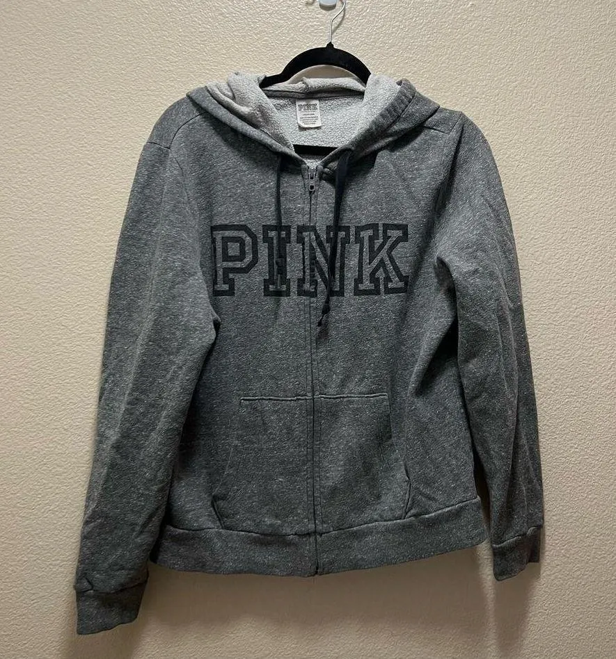 Victoria's Secret PINK Gray Full Zup Fleece Lined Hooded Jacket Size Large - Image 3