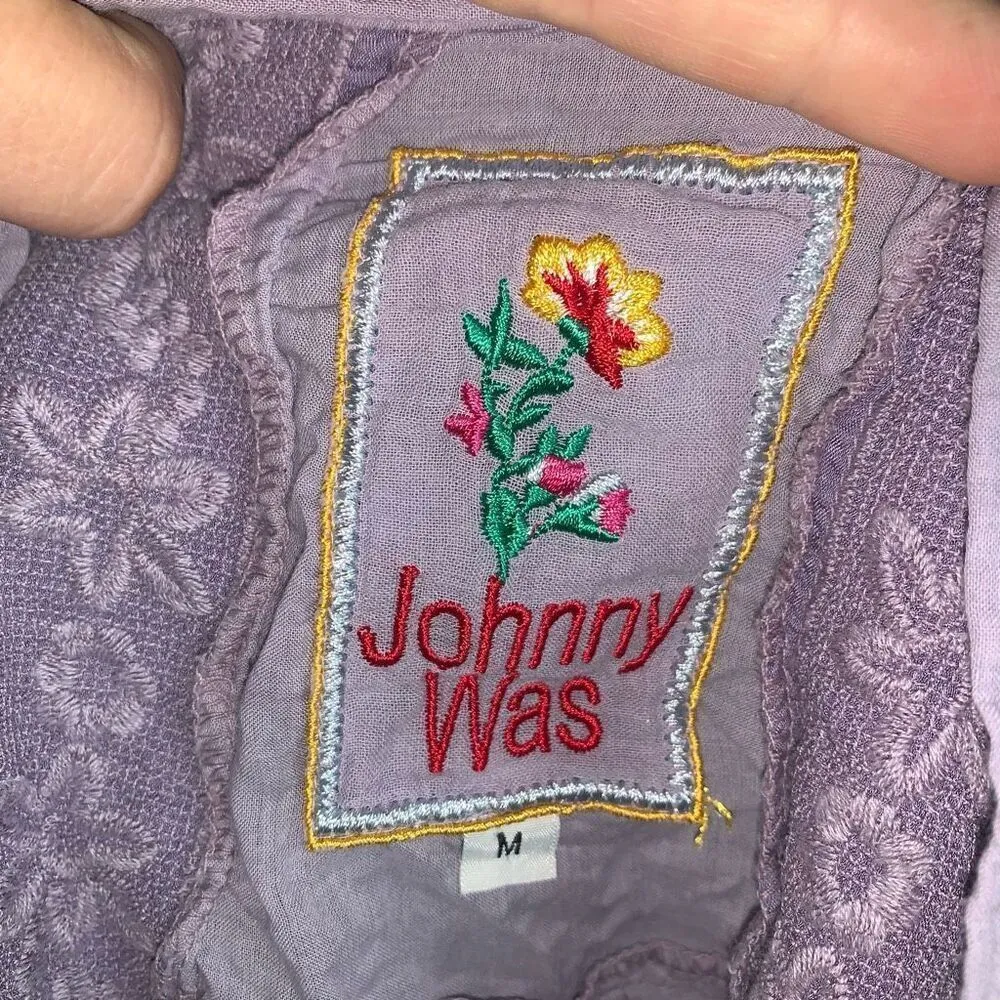 Johnny Was lilac lace inlaid button down boho romantic M blouse - Image 4