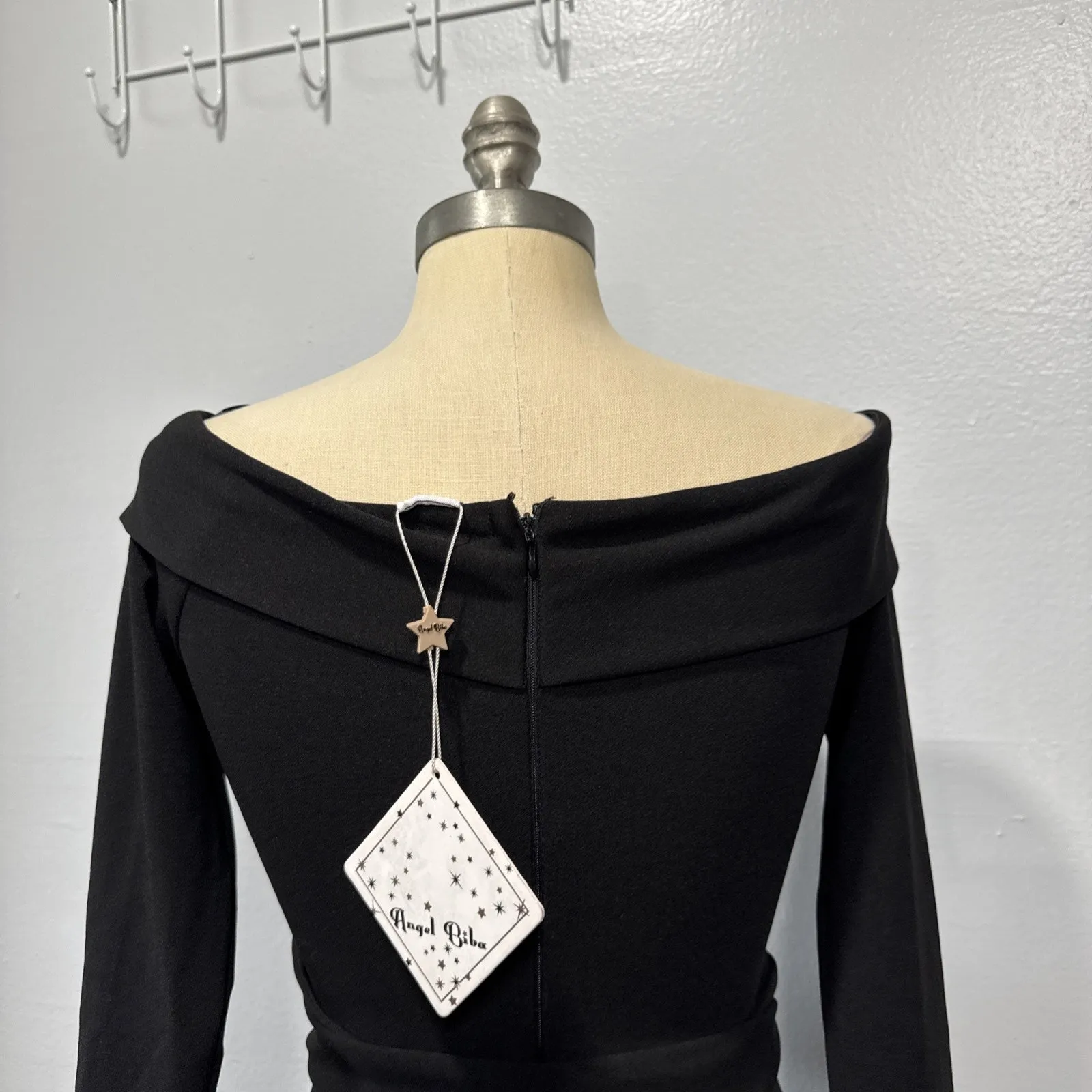 Angel Biba Womens S Off the Shoulder Black Mini Dress V-Neck Long Sleeve Party - Image 4