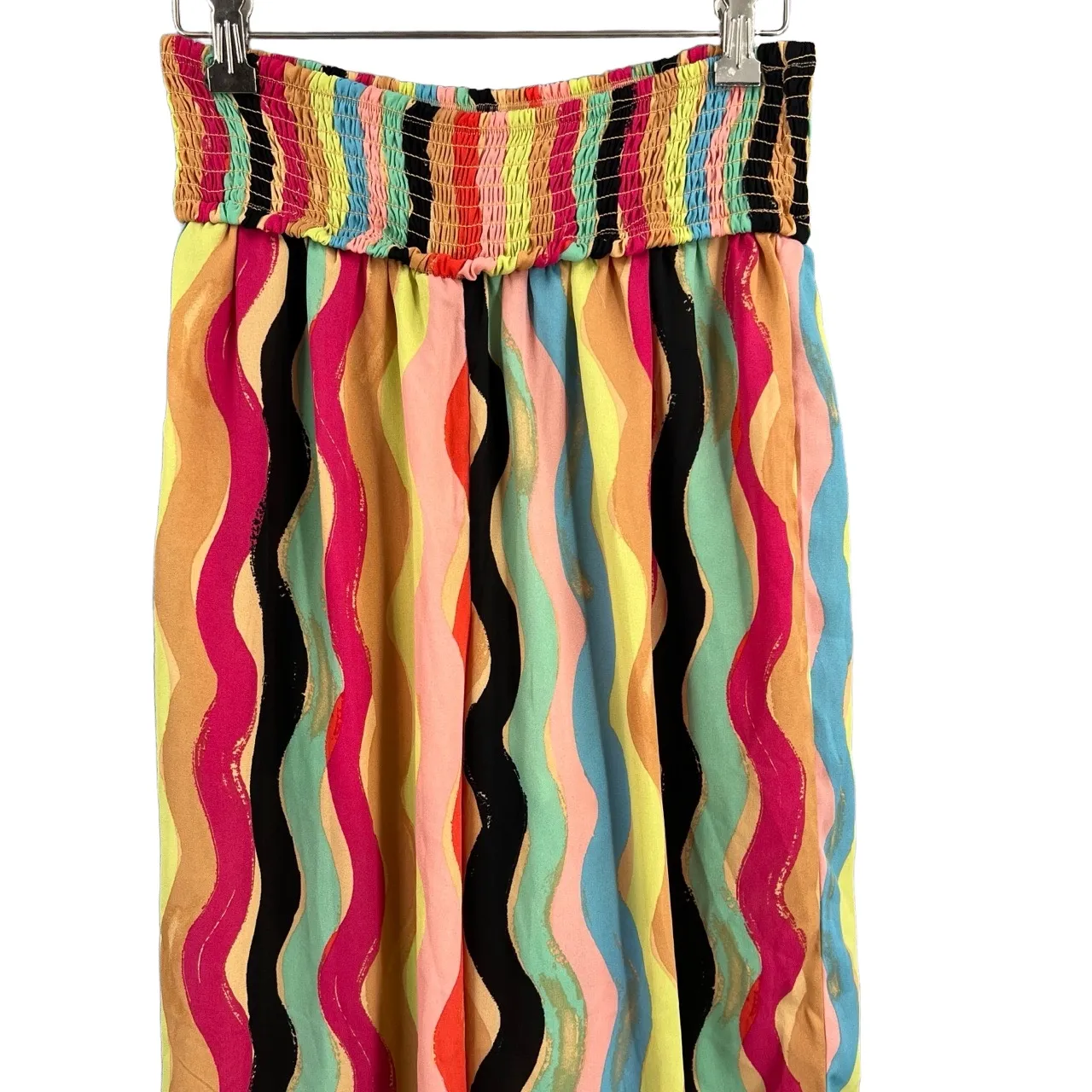 Forever 21 Wide Leg Pants Multicolor Wavy Stripe Smocked Waist Boho Festival L - Image 3