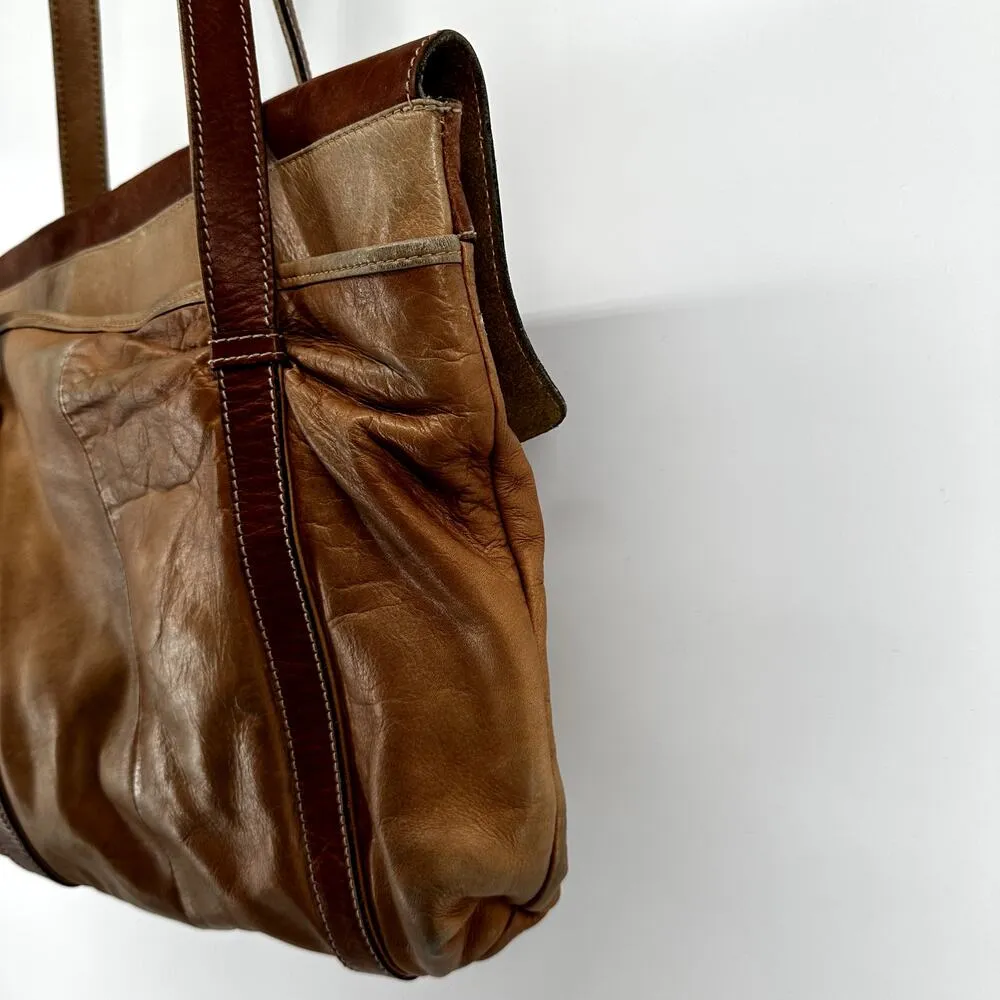 Vintage Delfino Tote Shoulder Bag Leather Double Strap Flap Magnet Closure Brown - Image 5