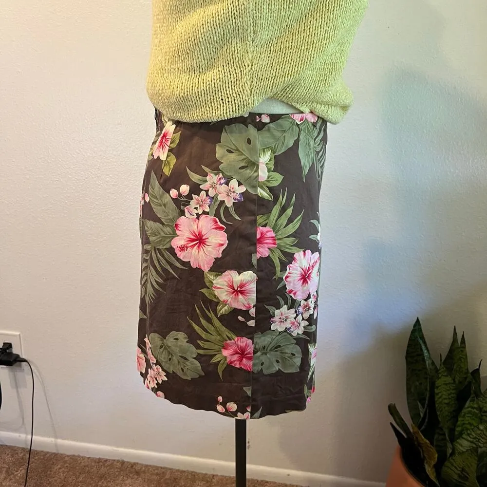 Jones Vintage 90s Brown Tropical Floral Print Cotton Summer Mini Skirt Size 14 - Image 5