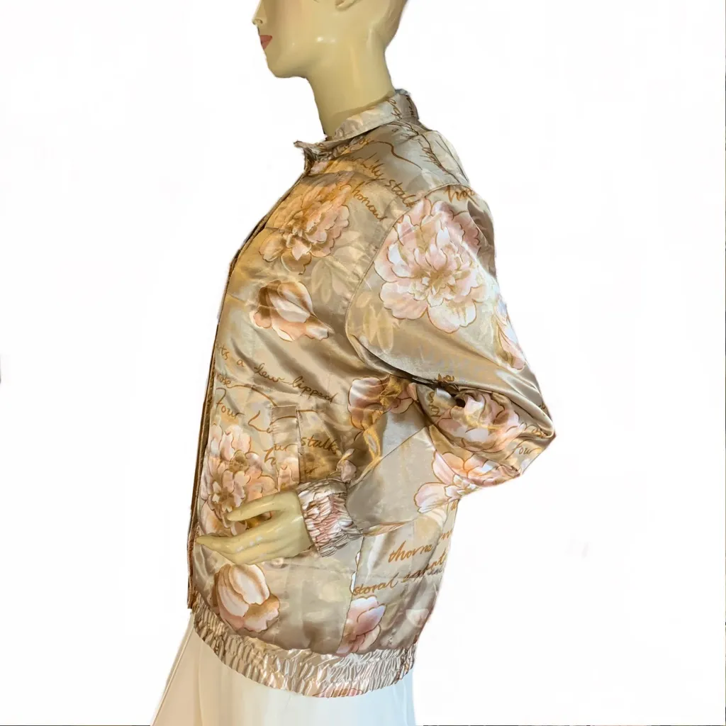VINTAGE OLEG CASSINI FLORAL PRINT CREAM A PINK BLUSH SATIN BOMBER JACKET (M) - Image 5