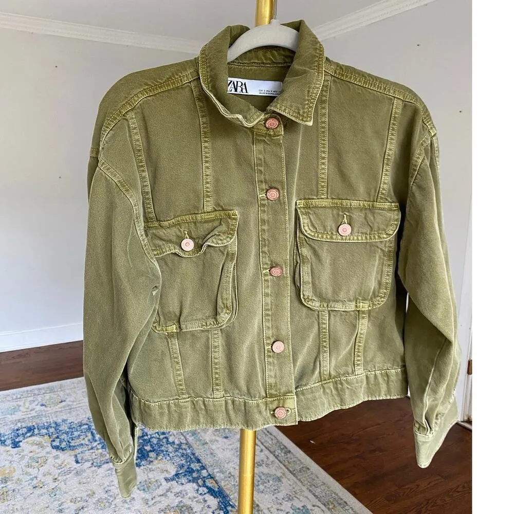 Zara Cropped Utility Jacket Button Front Green Pockets Casualcore Downtown Fairy - Image 2