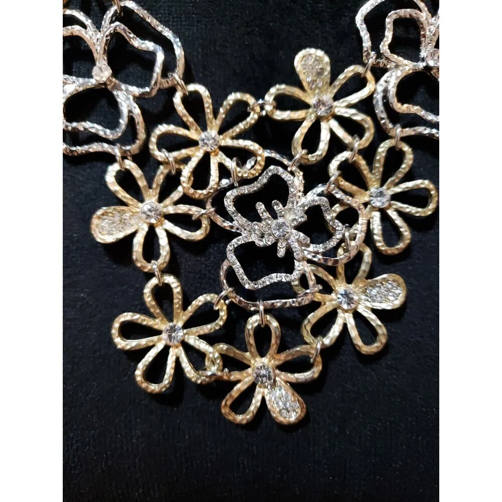 Womens Two Tone Encrusted Crystal Hollow Out Metal Flowers Statement Necklace Gold - Image 2