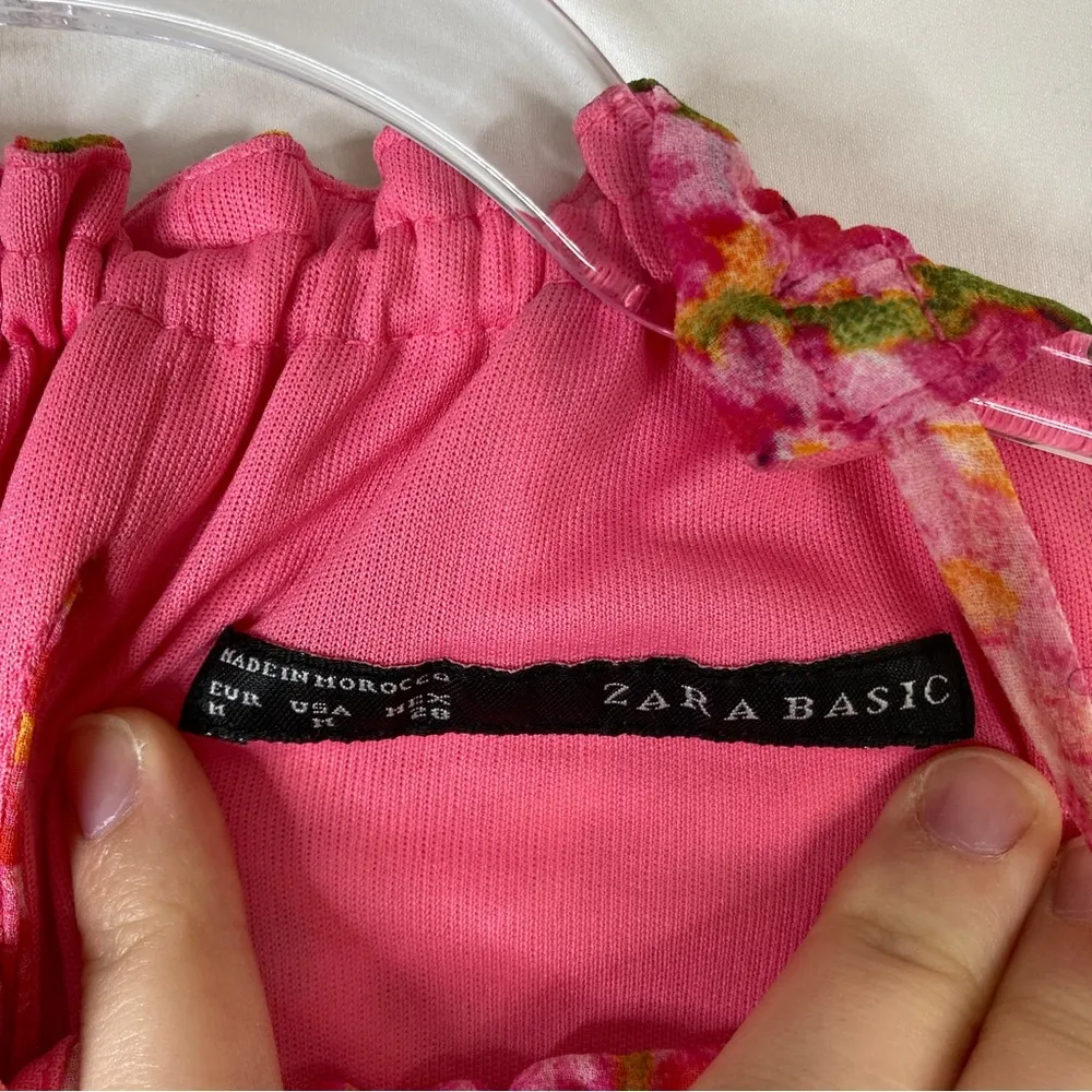 Zara Basic | Pink Floral Pleated Ruffle Halter Neck Mini Dress M - Image 5