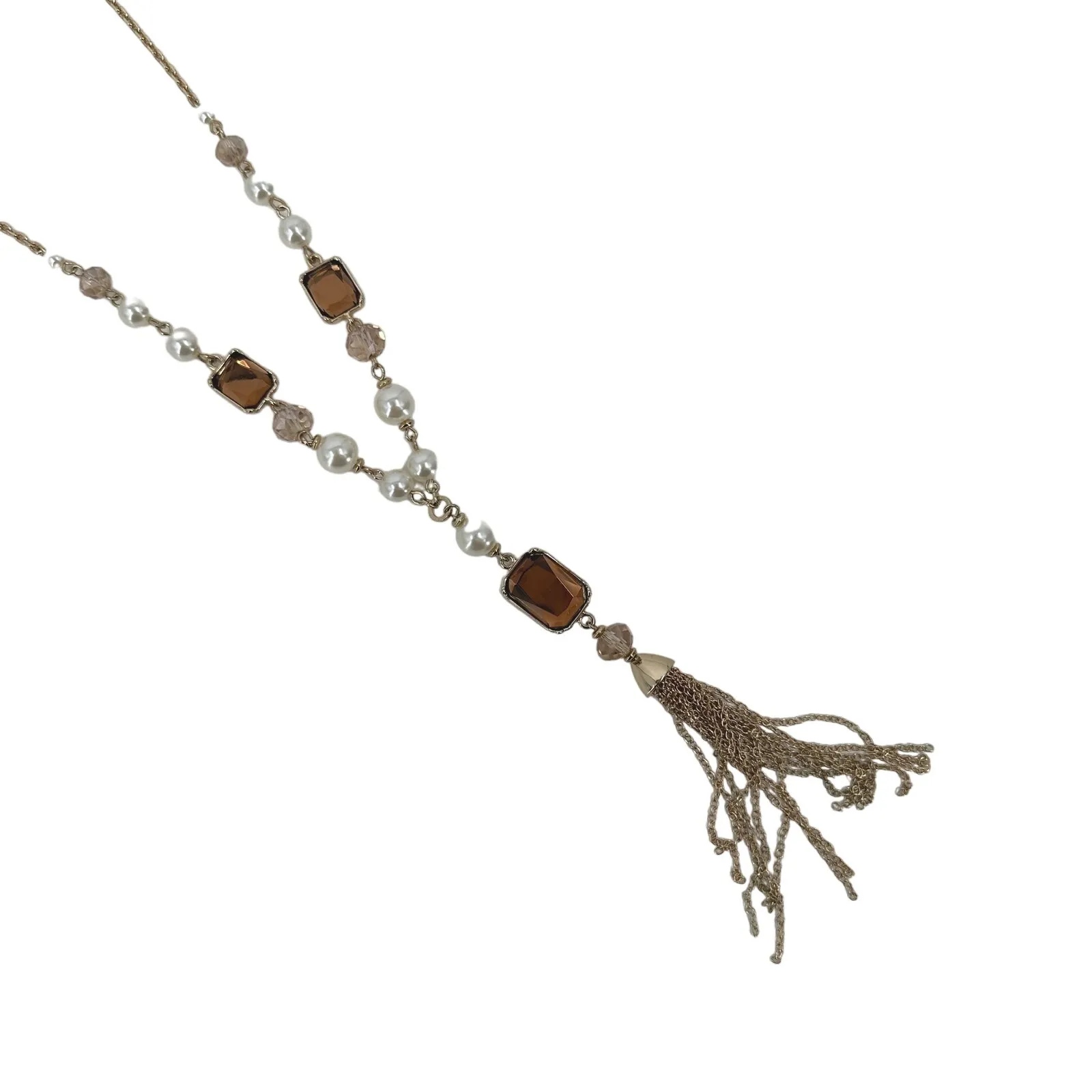 Ann Taylor Factory Tassel Necklace Goldtone Long Y Rhinestone Simulated Pearl - Image 5