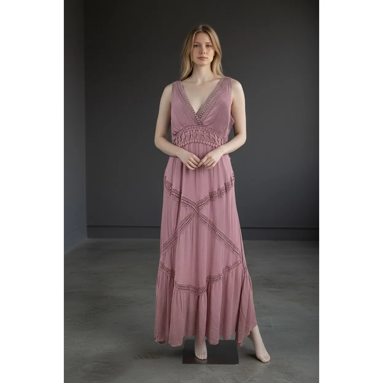 Max Studio V Neck Maxi Dress Dusty Rose Crochet Lace Tiered Boho Festival 14 - Image 2