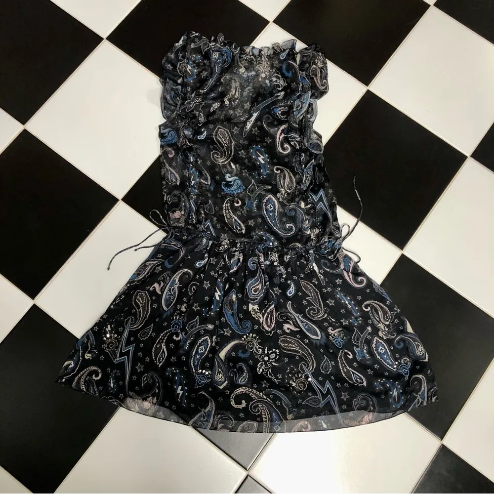 Rimana Paisley Mini Ruffle Beaded Dress Navy Blue Bohemian sz S - Image 10