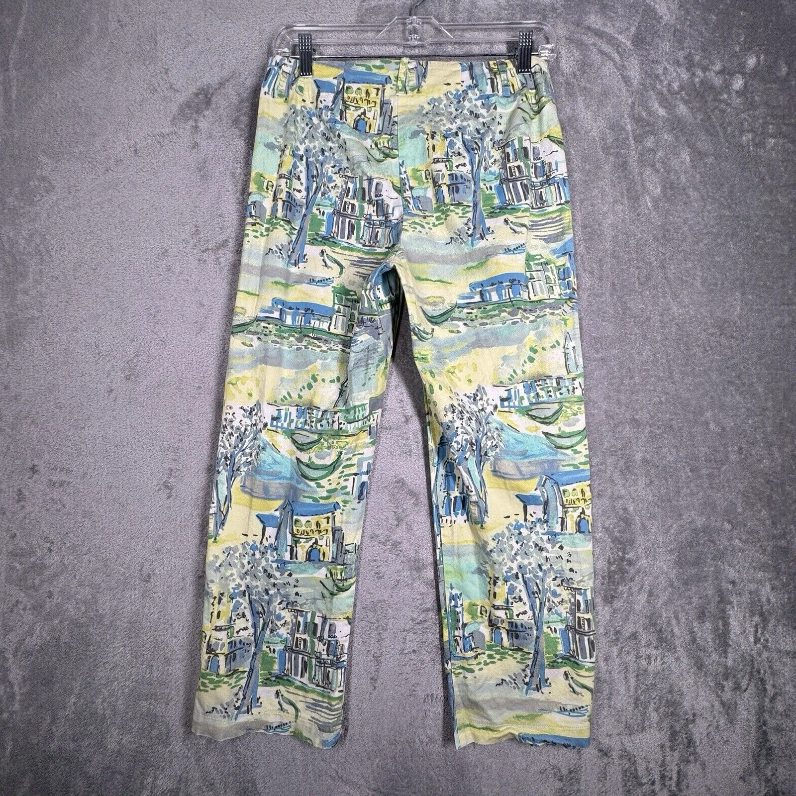 Bentley A Pants Womens 4 Blue Yellow Scenic Print Cropped Capri Bohemian Coastal - Image 3