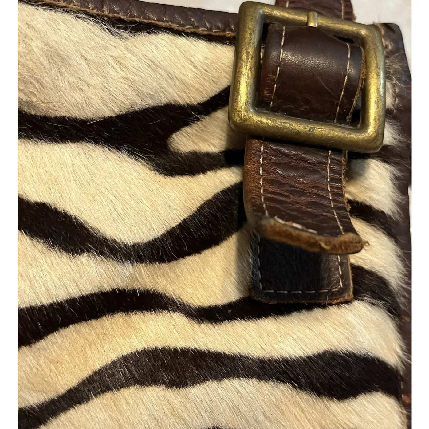 Western Hair On Cowhide Zebra Print Genuine Leather Shoulder Bag Made In USA Brown - Image 11