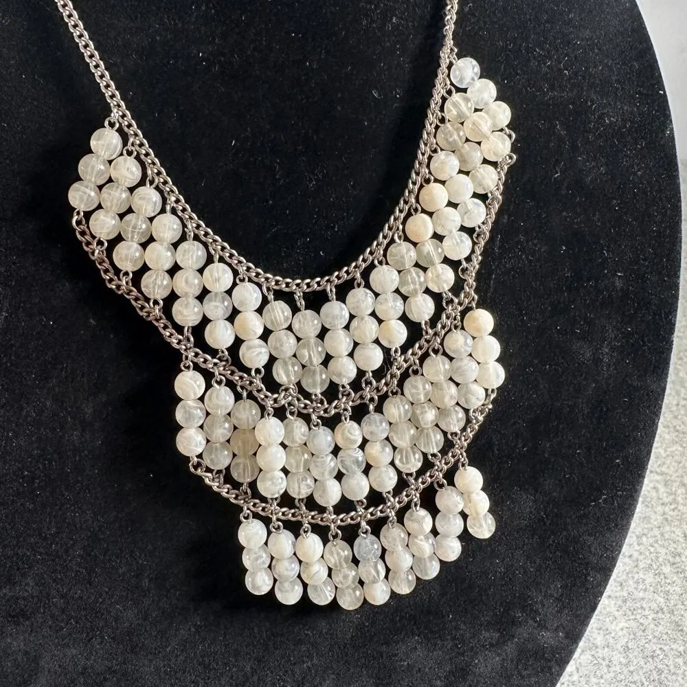 Vintage Statement Necklace Fashion Jewelry Beaded Silver Tone Beige Whimsigoth - Image 8