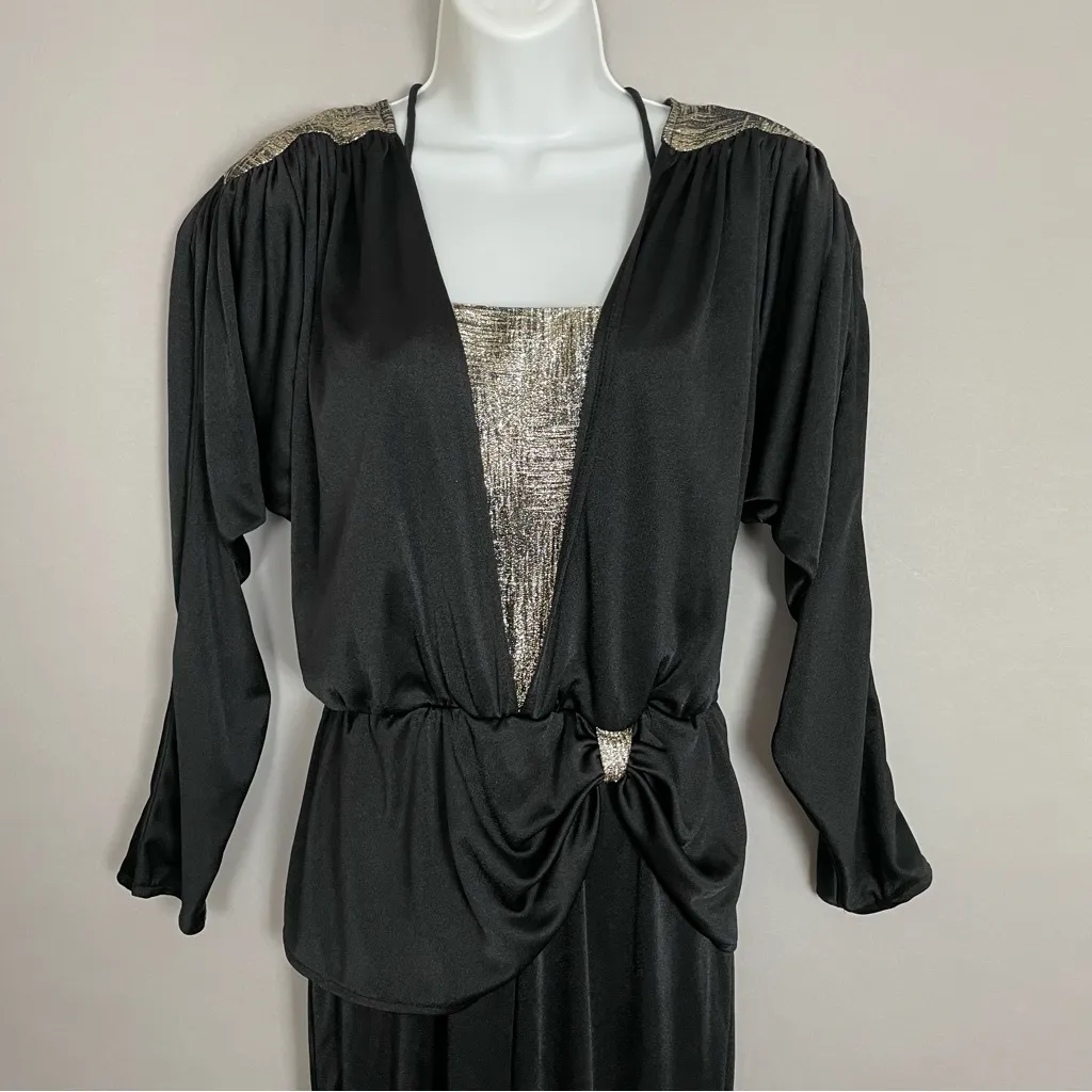 Vintage 80s Jumpsuit Black Metallic Dramatic‎ Disco New Years Eve Tank Party - Image 3