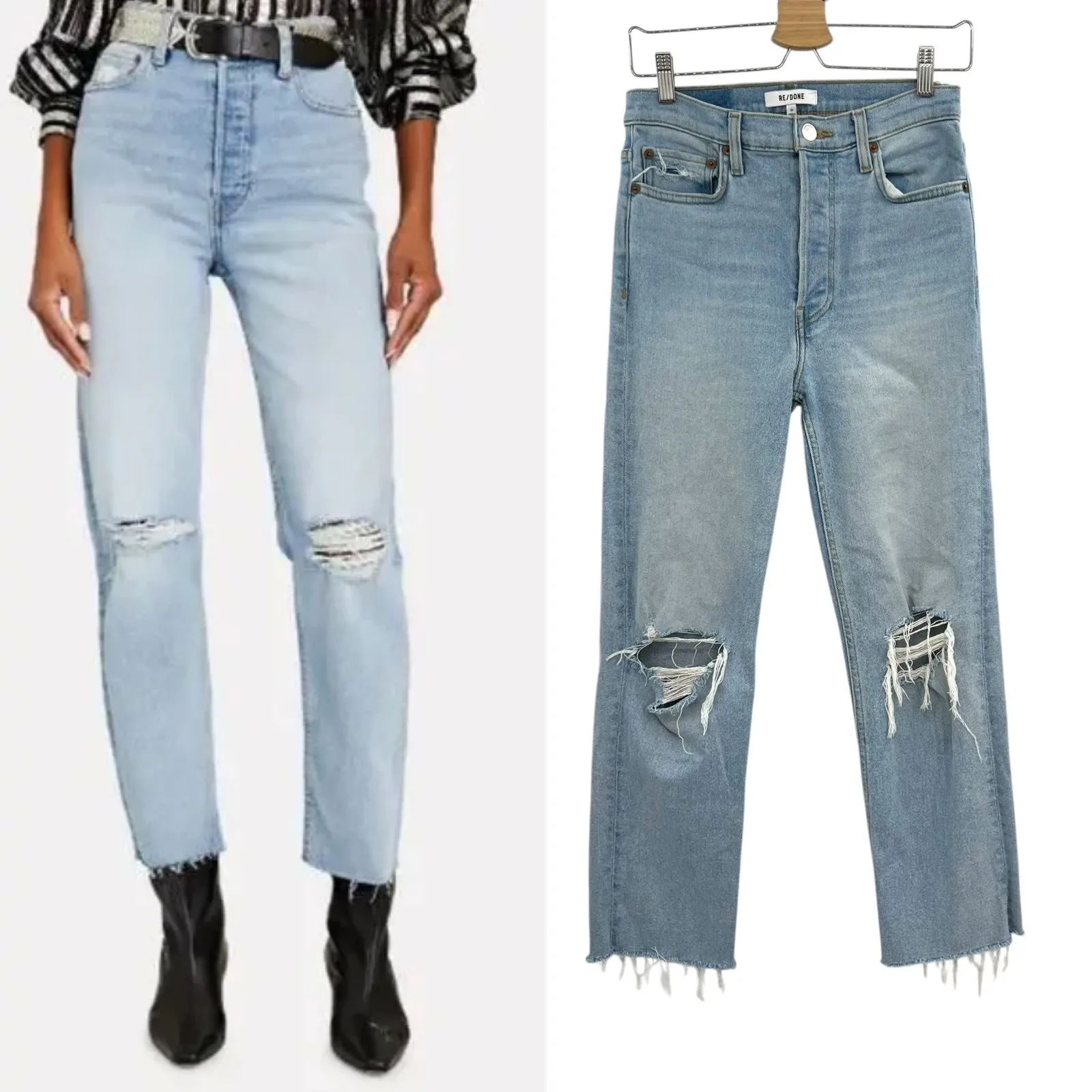 Re/Done 70s Stove Pipe Jeans Denim Seawater Destroyed Blue Size 27 - Image 2