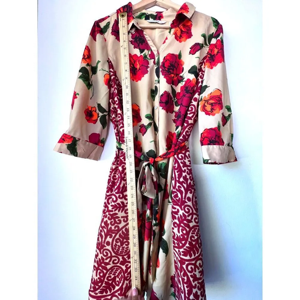 women's tan red floral dress tie casual 3/4 sleeves pointed collar plus size 18W - Image 8