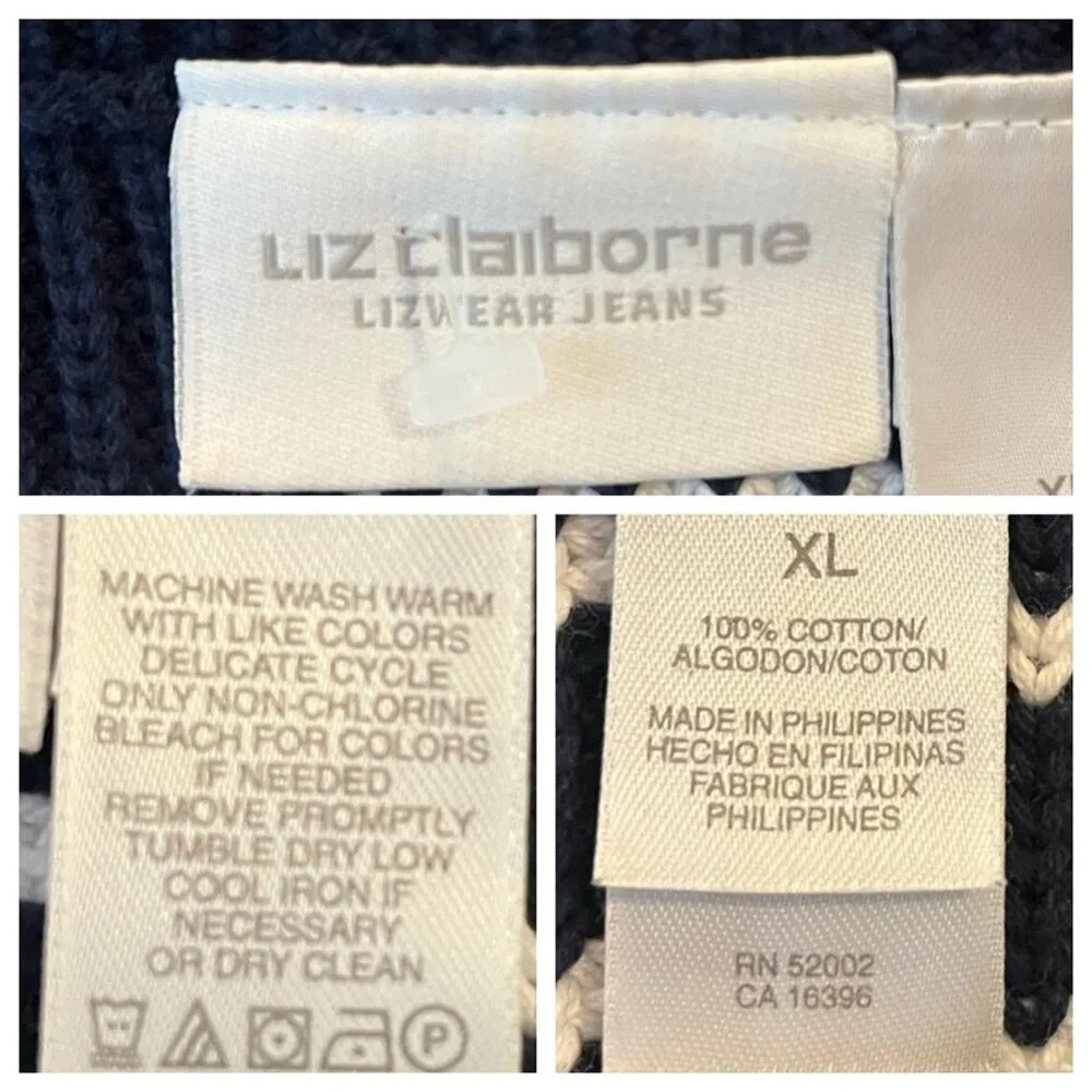 Liz Claiborne Sweater Heavy Knit Boatneck Blue Red Stripe Women’s Size XL - Image 11