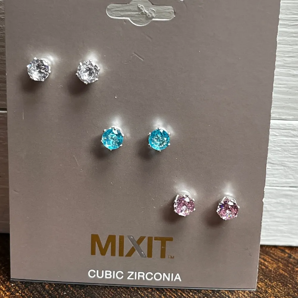Mixit Cubic Zirconia Stud Earrings Set - Silver, Blue, Pink - Image 3