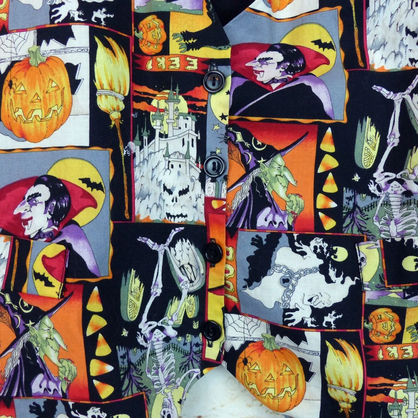 VTG 90s Smoke Valley Halloween Theme Vest Women L/XL Dracula Witch Skeleton Owl - Image 6