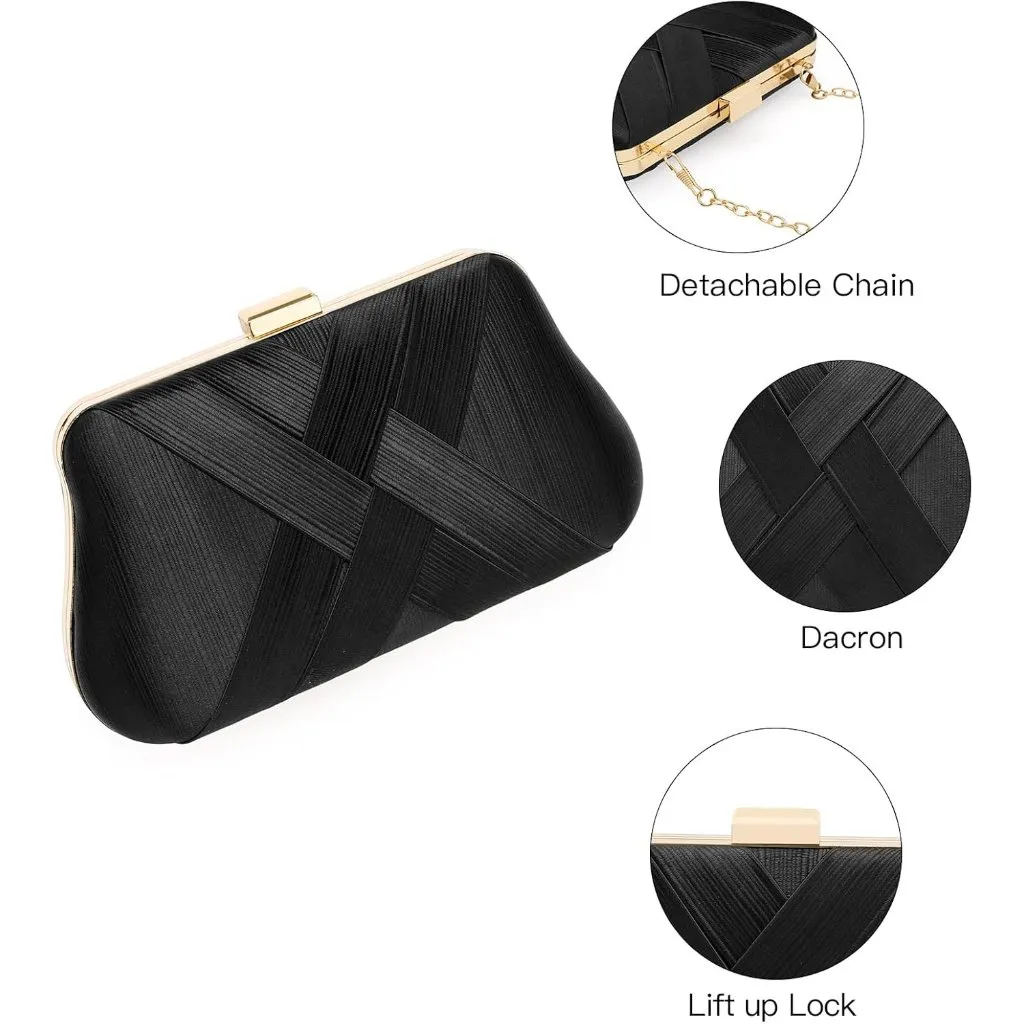 ⚡ Women's Silk Satin Fabric Clutch Crossbody Formal Party Wedding Black Bag - Image 7