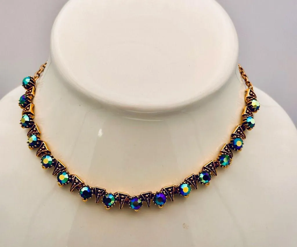 Vintage Blue/Green Borealis Crystal Rhinestone Dainty Necklace Blue - Image 4