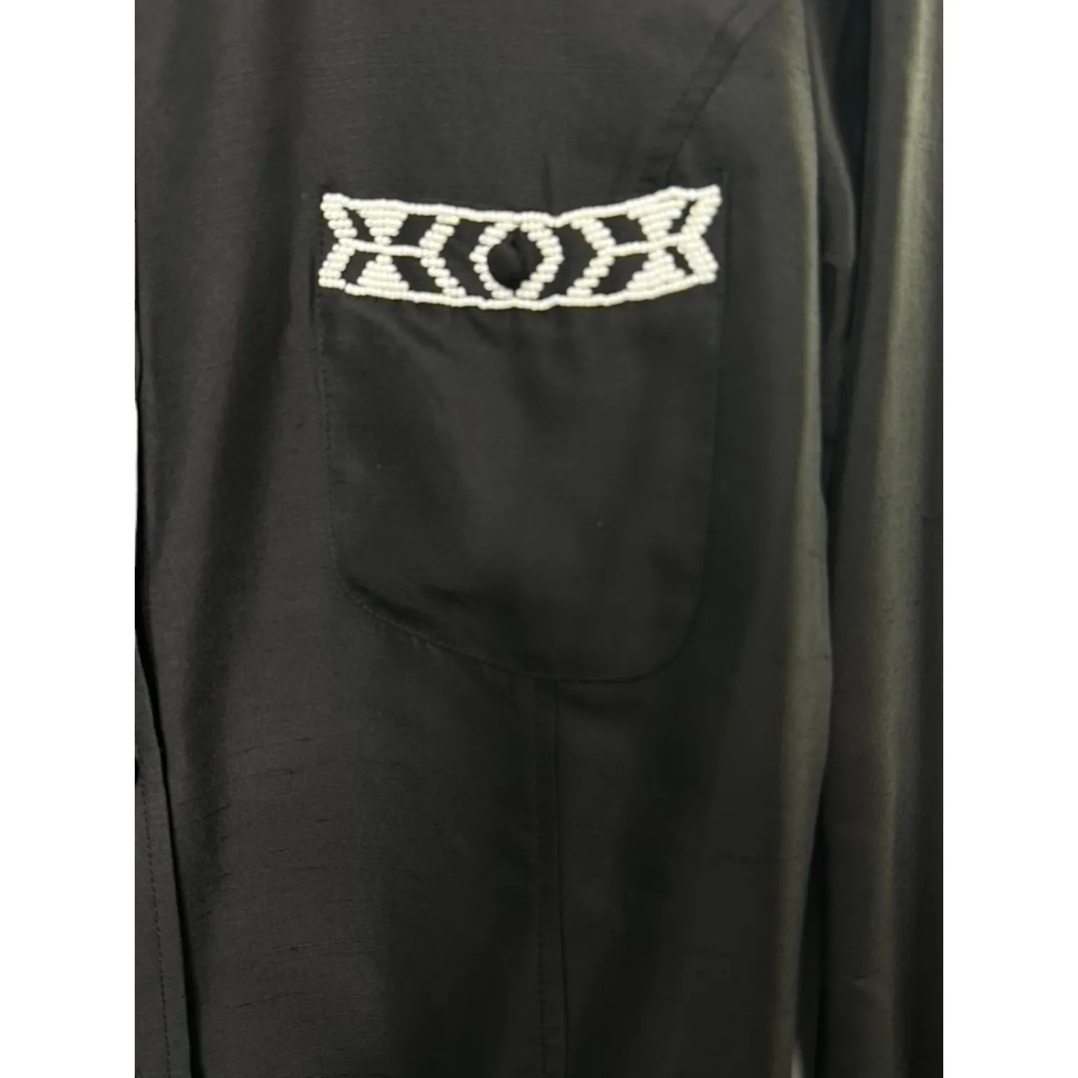 Y2K Diane Gilman 100% Silk Black Button-Up Long Sleeve Shirt Bead Detailing Sz M - Image 6