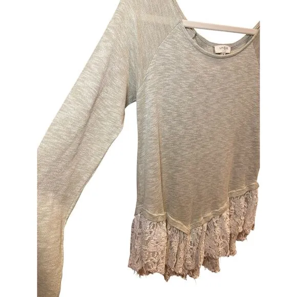Umgee Women Medium Shirt Long Sleeve Heathered Cream White Lace‎ Hem & Back Boho - Image 4