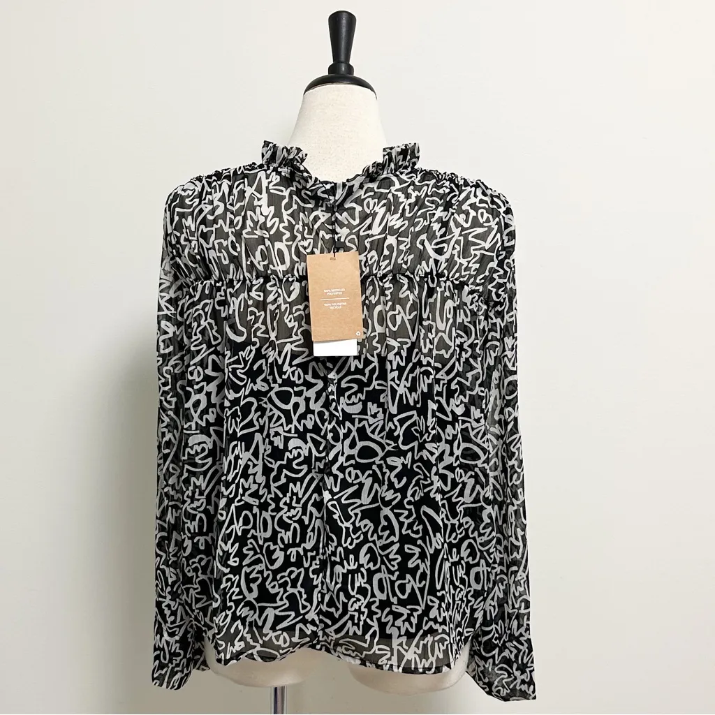 Aware Vero Moda Black White Sheer Camisole Long  Trumpet Sleeve Tie Ruffle Large - Image 6