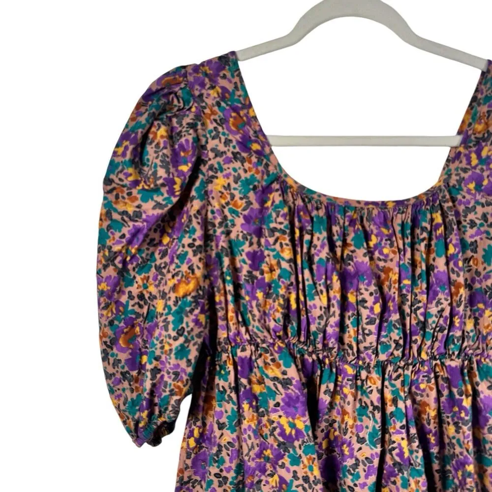 Pinch Floral Smocked Puff Sleeve Mini Dress Preppy Cottage Womens Size Large Purple - Image 3