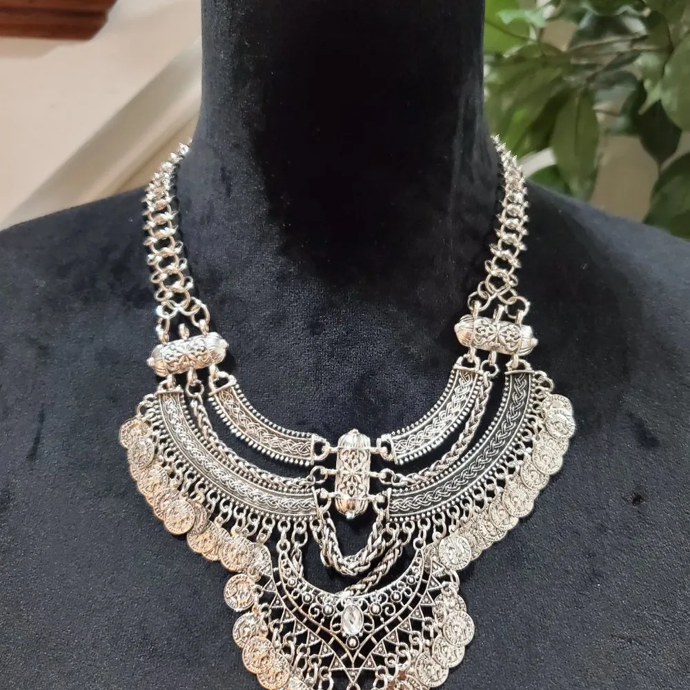 Womens Vintage Boho Chic Silver Coin Multilayer Chocker Fashion Jewelry Necklace - Image 2