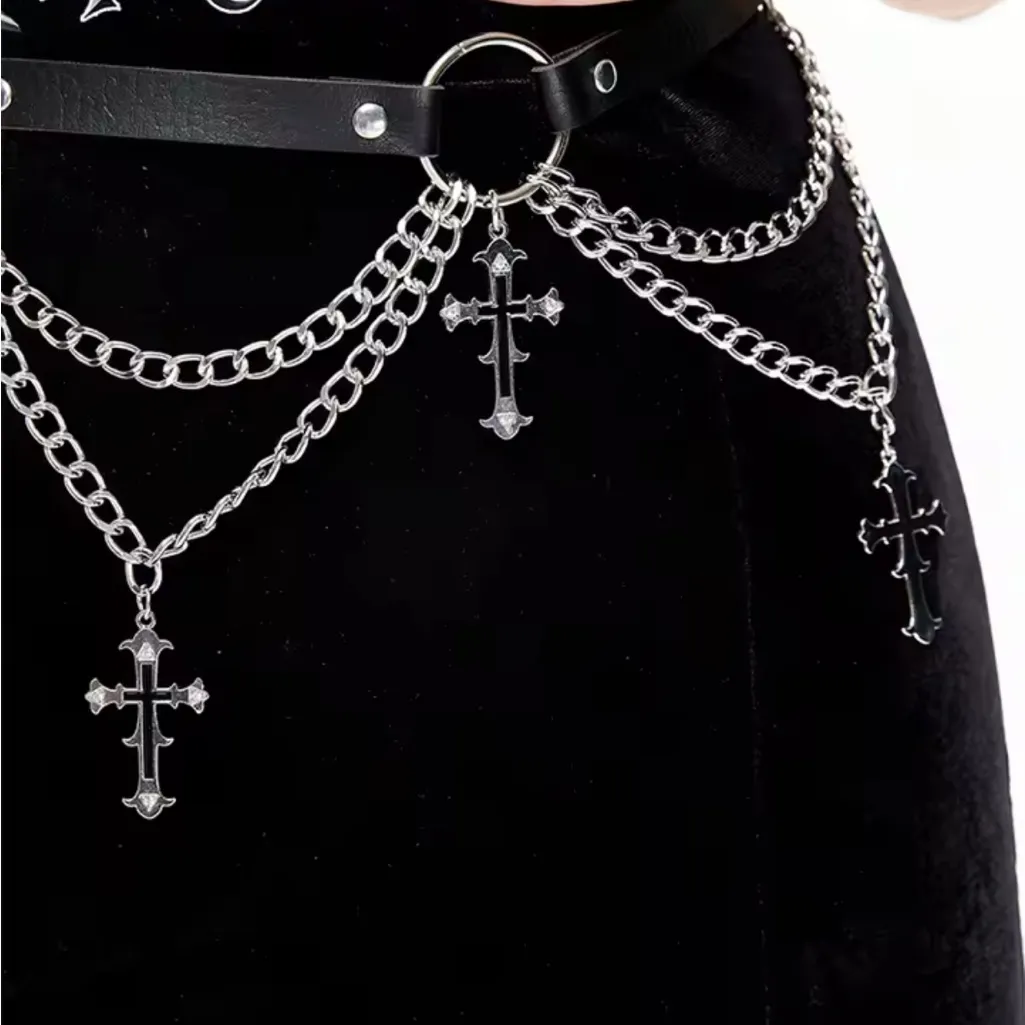 Black and Silver Chain Belt with Cross Charms - Image 3