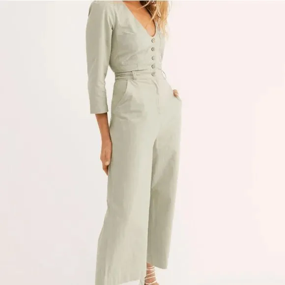Free People Back Into It Pastel Sage Green Wide Leg Cotton Jumpsuit Large - Image 9