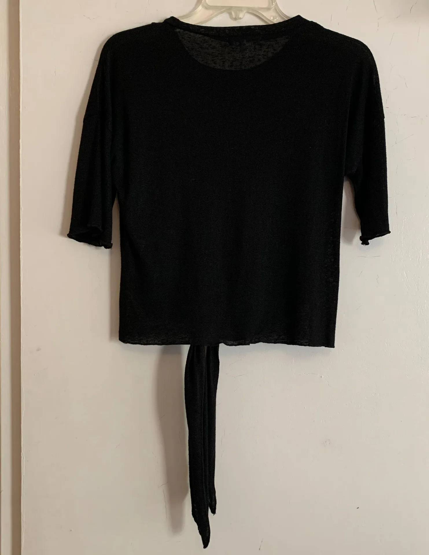 Black knit three quarter sleeves tie front knot spliced split top - Image 11