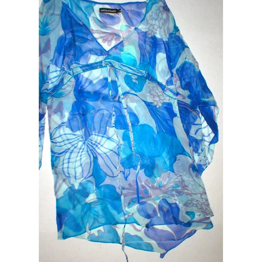 NWT New Silk Tunic Top Womens Antik Batik M Blue Purple Swim Sheer Cover Up Sequ Size M - Image 7