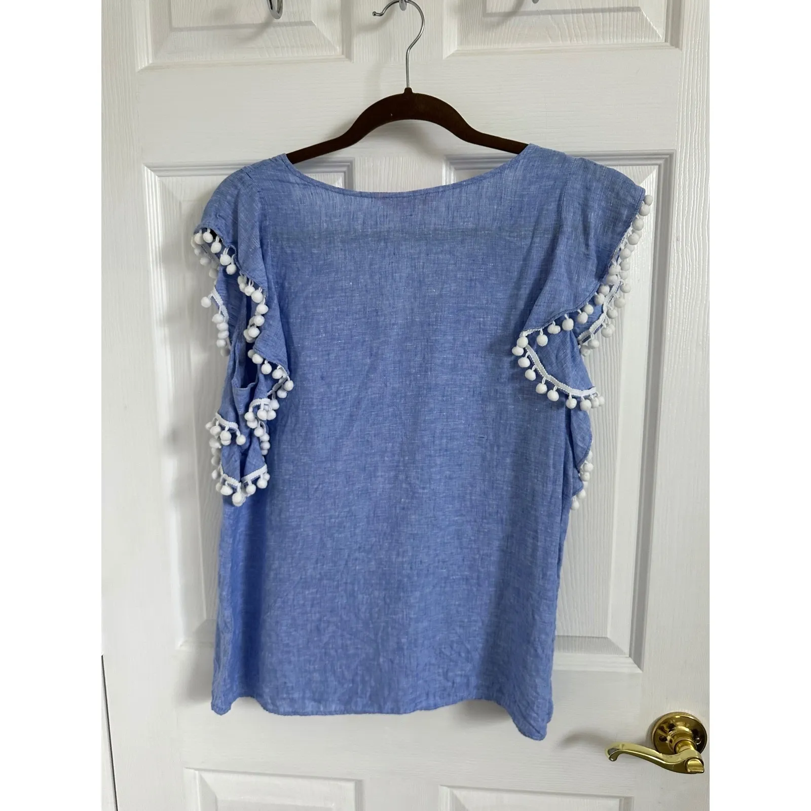 Lilly Pulitzer Astoria  Linen Top Pom Pom Trim V-Neck Blouse Blue‎ Size M EUC - Image 3