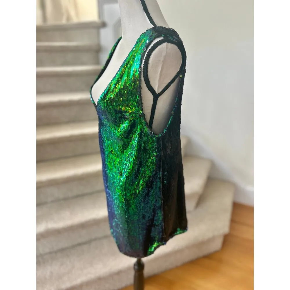 Free People Green Blue Black Iridescent Sequin Sleeveless Mini Dress - Image 4