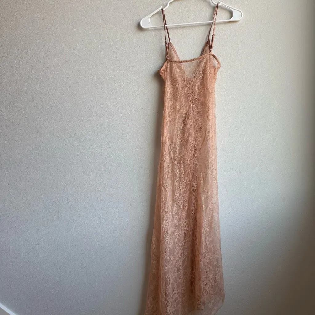 Peach Pink Lace Cinch Front Lace Slip Midi Maxi Dress Feminine Flirty XS Small - Image 6