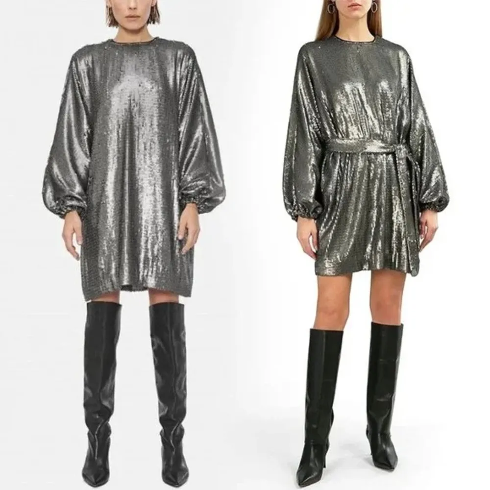 NWT ANINE BING Angie Sequin Long Sleeve Belted Shift Dress in Size Small - Image 7