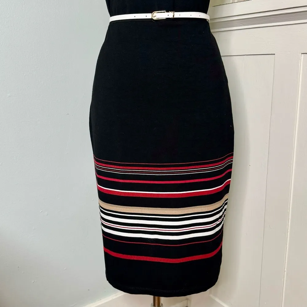White House Black Market Striped Slimming Sheath Dress Leather Trim 6 Small - Image 5