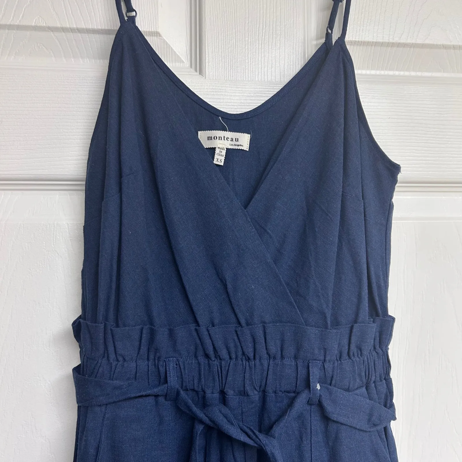 Monteau Womens XS Jumpsuit Navy Blue Sleeveless Wide Leg Belted Romper NWOT - Image 4