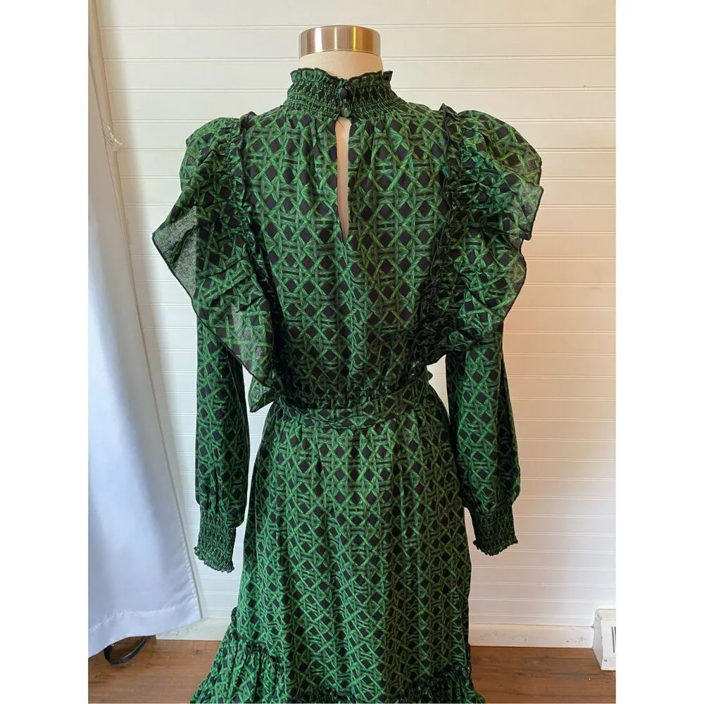 A Loves A Voile Lattice Print Cotton Long Sleeve Smocked Tie Maxi Dress - Image 8