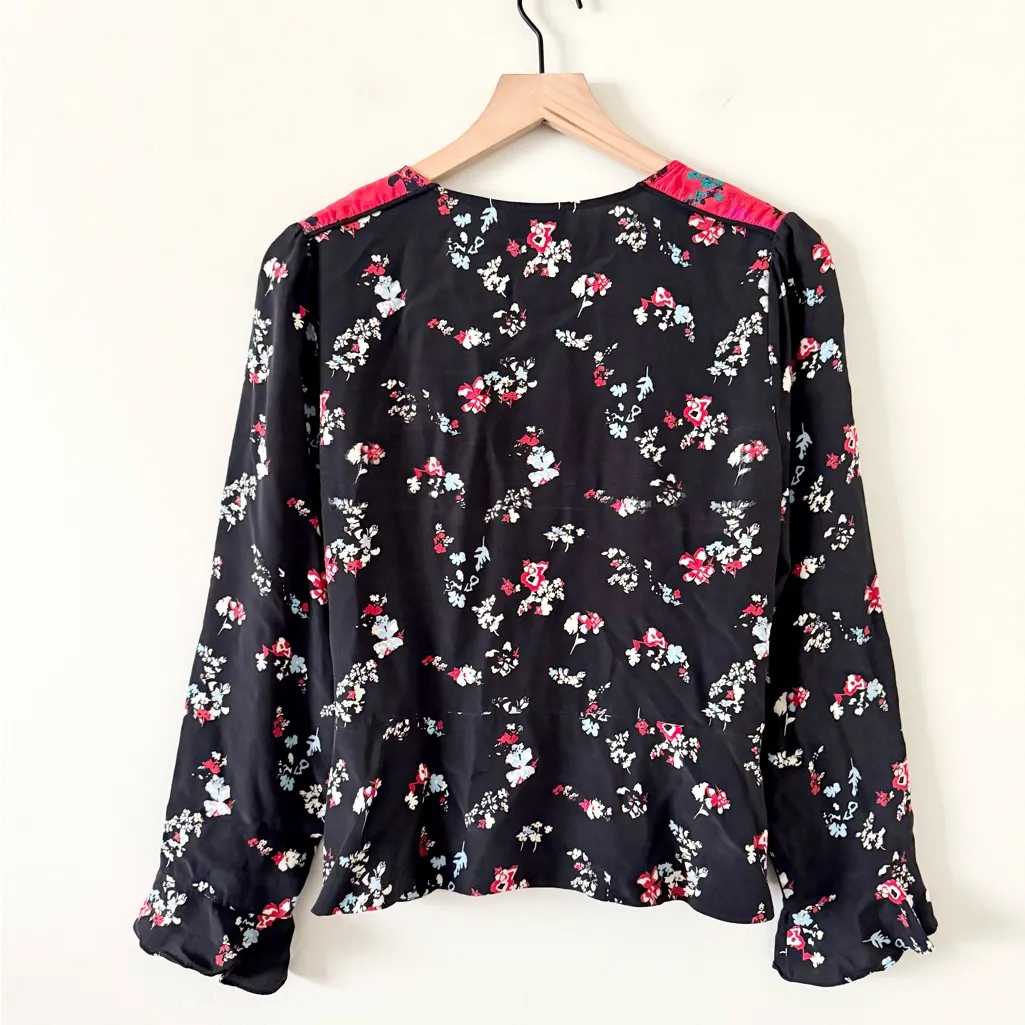 Tanya Taylor Silk Long Sleeve Wrap Blouse in Black and Red Floral Size 12 - Image 6